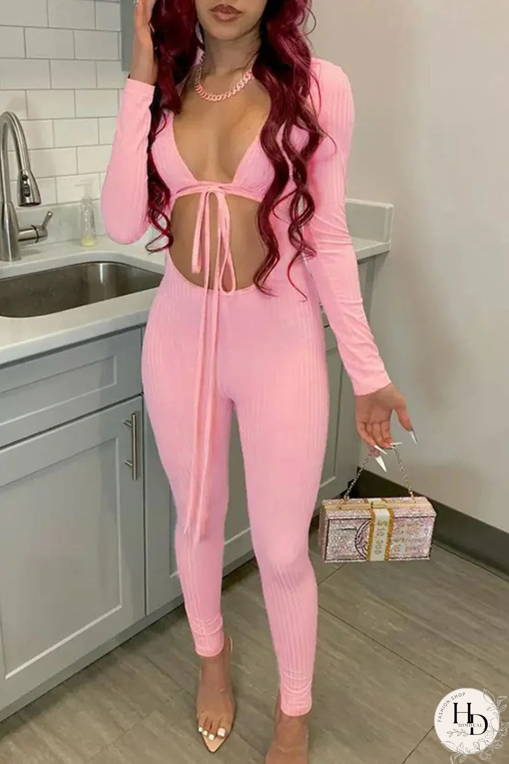 Pink Sexy Casual Solid Bandage Hollowed Out V Neck Skinny Jumpsuits
