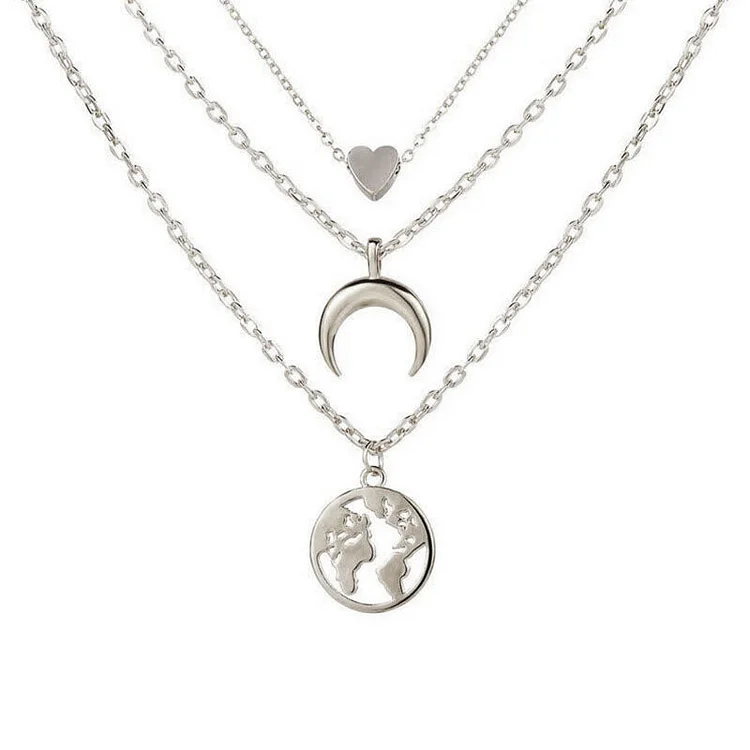 Heart and Crescent Map Combination Multilayer Necklace