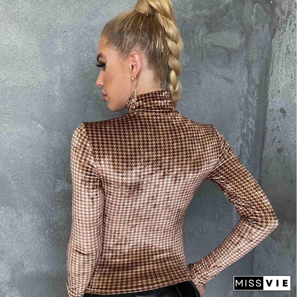 Velvet Plaid Round Neck Pullover Knitted Long Sleeve Top