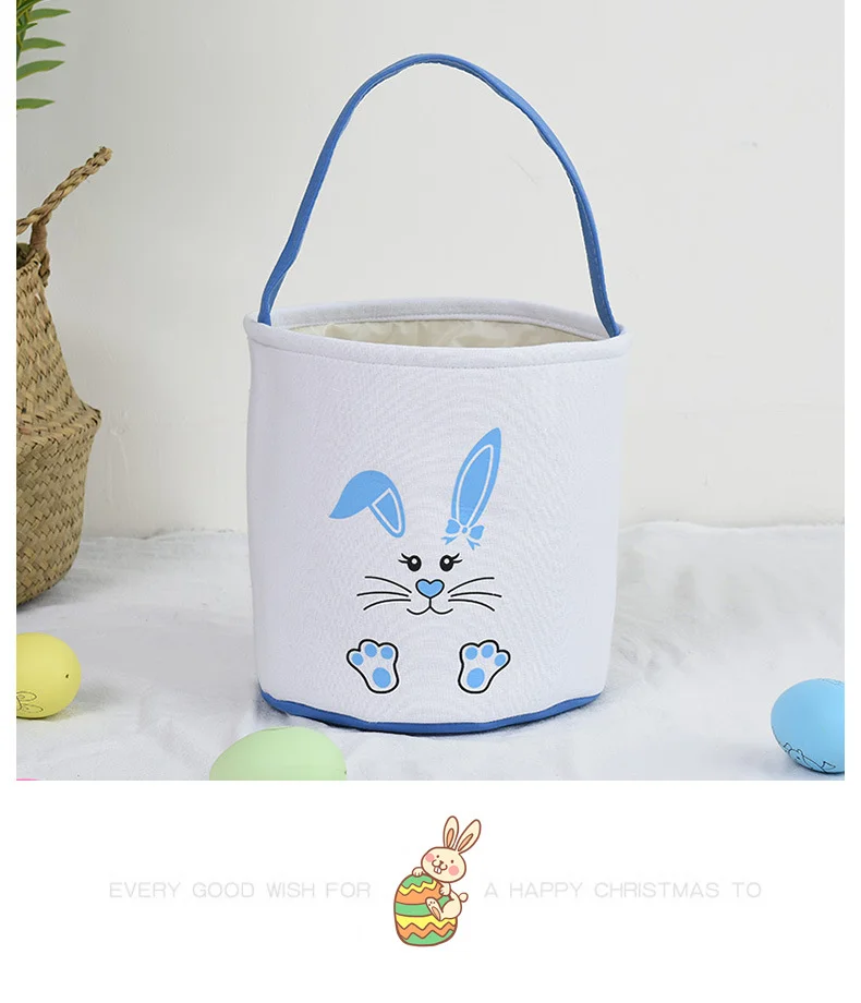 Kids Cotton Canvas Basket for Easter Egg Hunting and Carrying Gifts, Printed Easter Bunny 丨Folded Eared Rabbit
