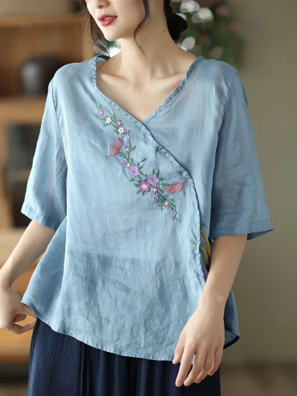Vintage Artistic Retro Ramie Cotton Embroidered T-Shirt Top