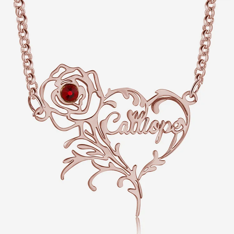 Name Necklace Rose With Birthstone Heart Shape Personalized Name Necklaces Gold