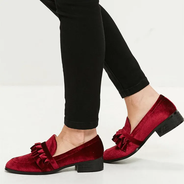 Burgundy Velvet Frill Block Heel Loafers Vdcoo