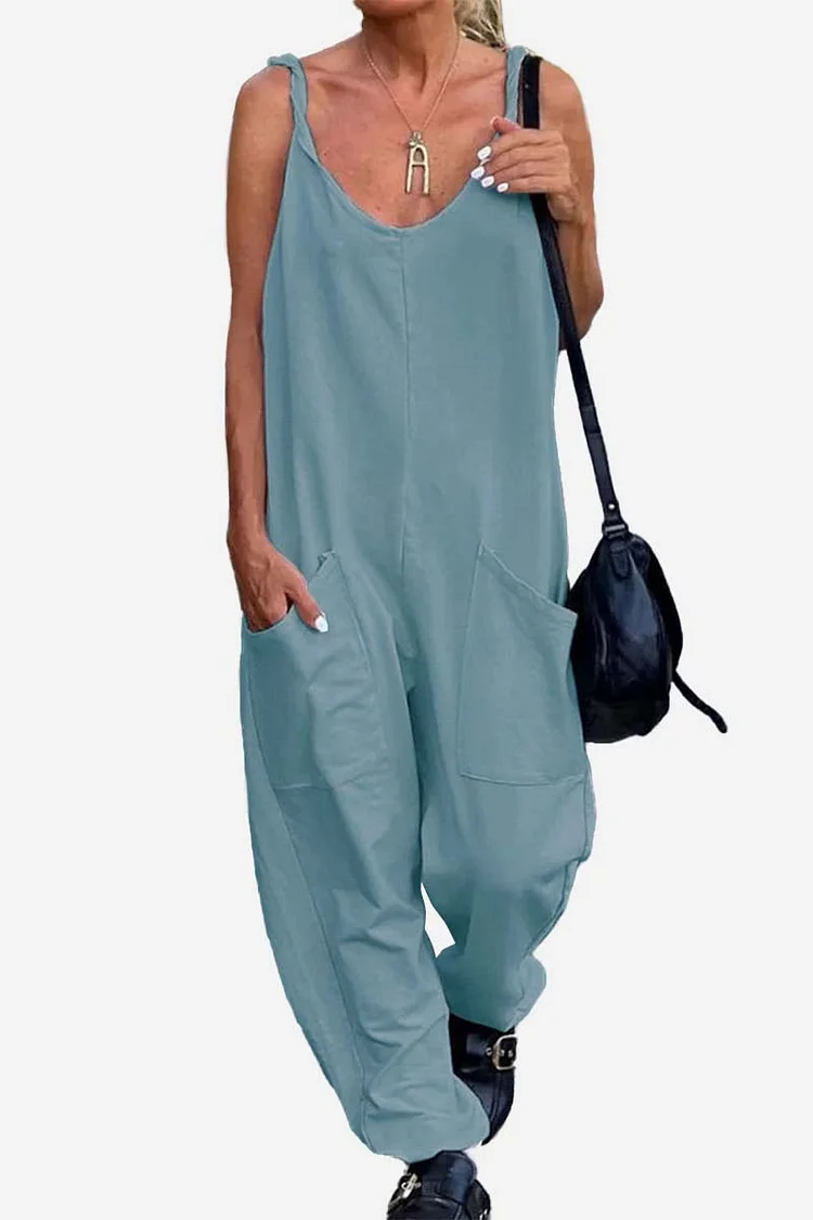 Round Neck Cami Pocket Straight Leg Linen Casual Jumpsuit
