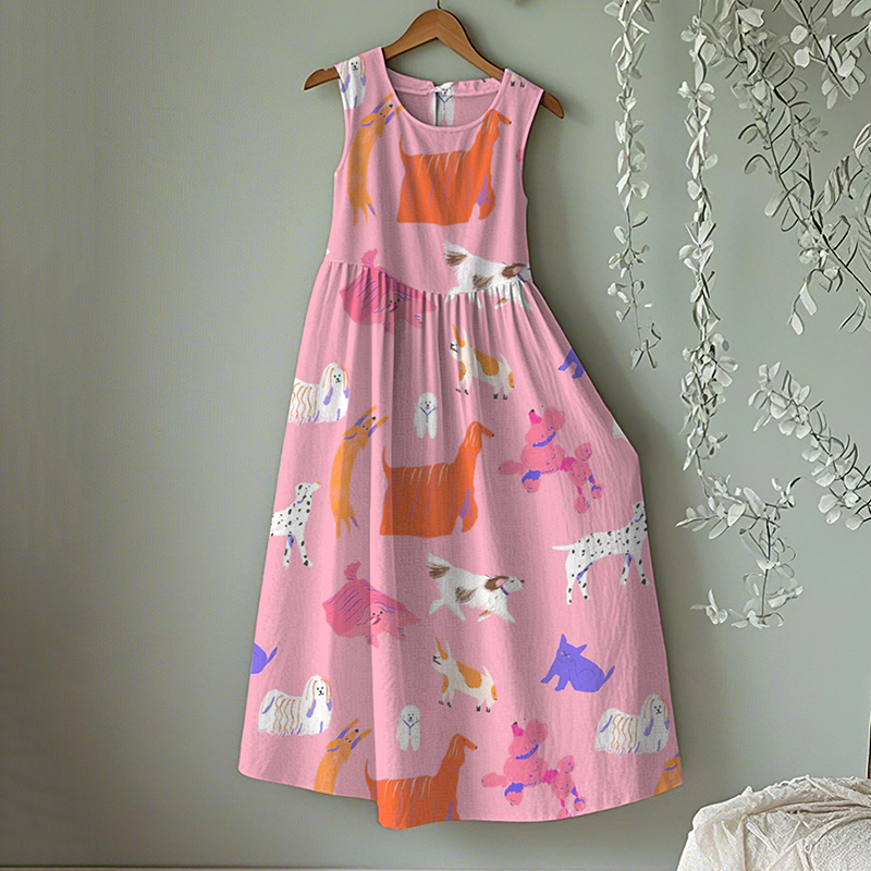 Vintage Cute Dog Art Linen Tank Midi Dress wearshes