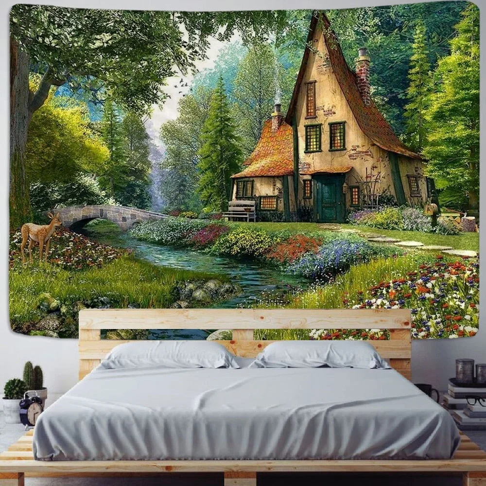 Fairy Tale Cottage Forest Tapestry Wall Hanging Bohemia Art Print Tapestry Room Home Decoration Hippie Pattern