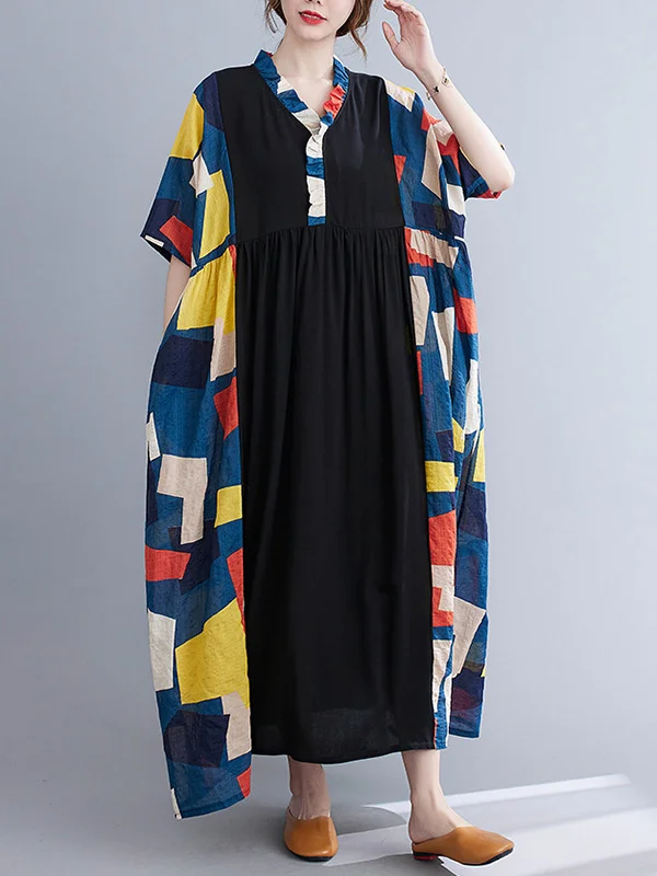 Original Contrast Color V-Neck Split-Joint Midi Dresses