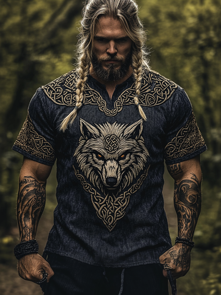 Men's Viking Knot Tribal Print Art Wolf Pattern Linen T-Shirt / Rvogue / Rvogue