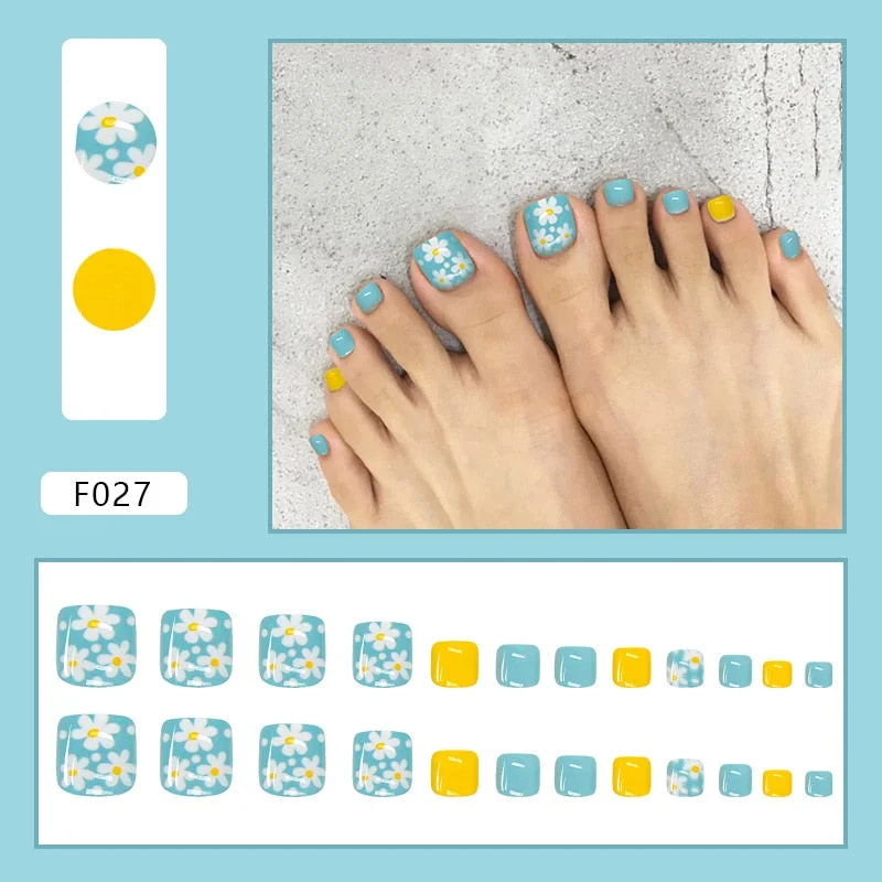24pcs Plaid Printed Toenails Patch Removable Short  Full Finished Detachable Manicure False ToeNails Tips Press On Toe Nail-Nail Inspo