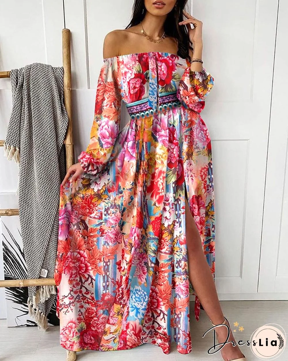 V-neck Pullover Vintage Large Swing Split Print Dress