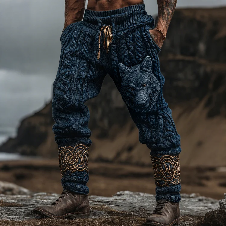 Men's Vintage Viking Wolf Celtic Knot Cozy Chunky Knit Sweatpants