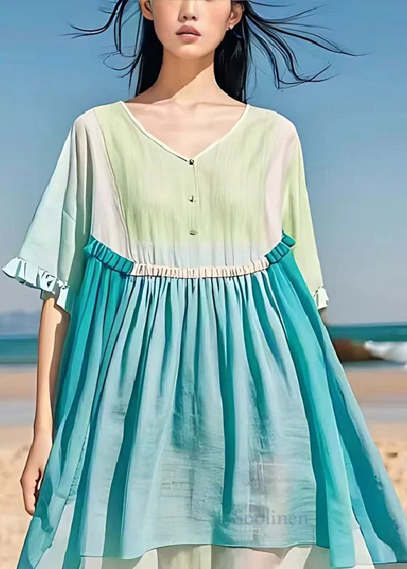 Pre sale - shipping in 30 days/Fine Light Blue Oversized Patchwork Linen Vacation Dress Summer