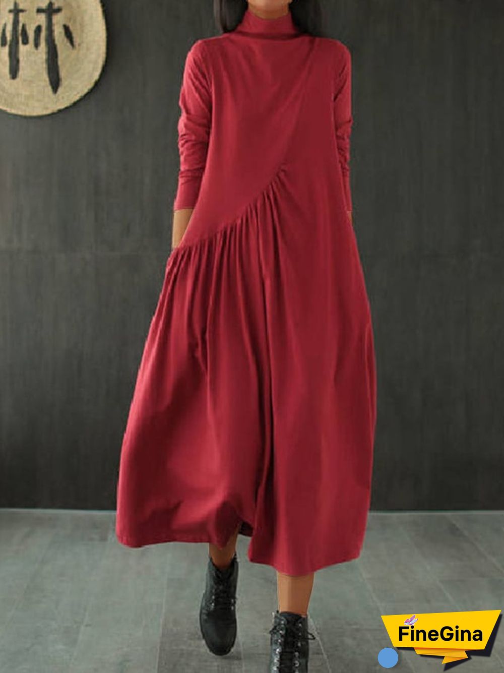 Women's Fashion Fall Ruched Half High Neck Midi Dresses with Pockets