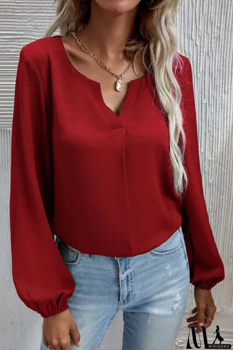 MidiSono - V Neck Long Sleeve Blouse