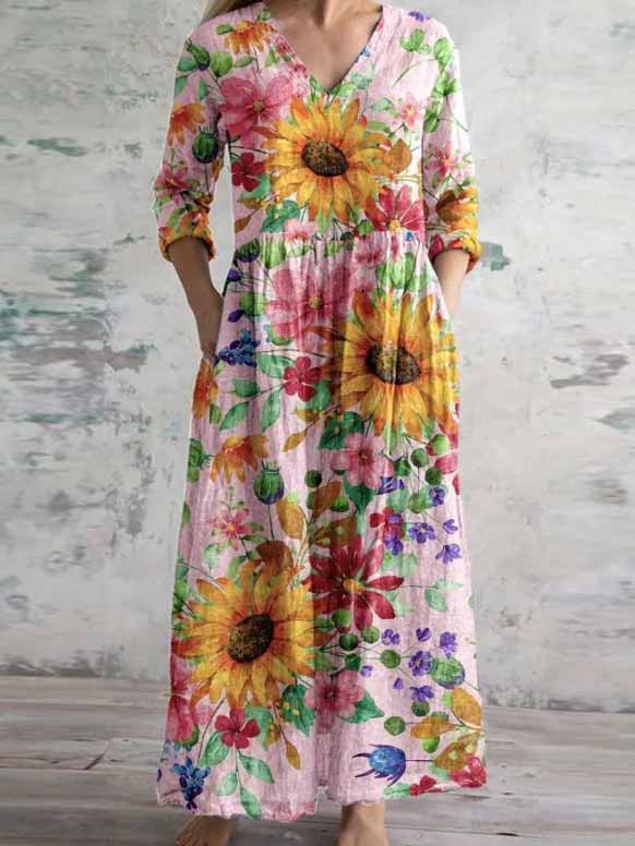 Women's 3/4 Sleeve V-neck Floral Printed Midi Dress