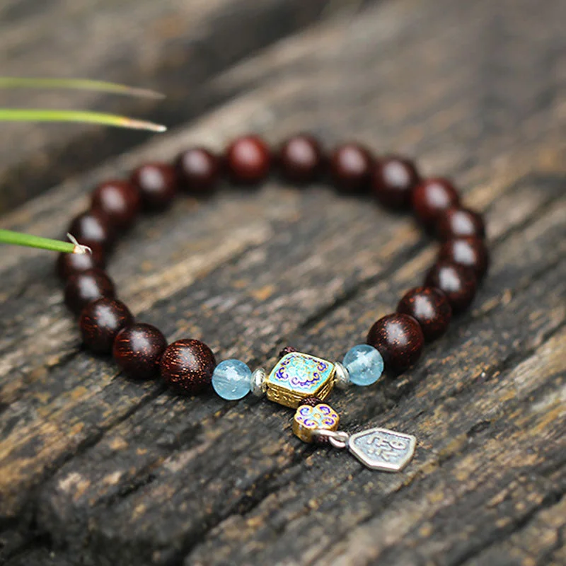 925 Sterling Silver Indian Small Leaf Red Sandalwood Aquamarine Full of Gold Star Chinese Knotting Blessing Bracelet