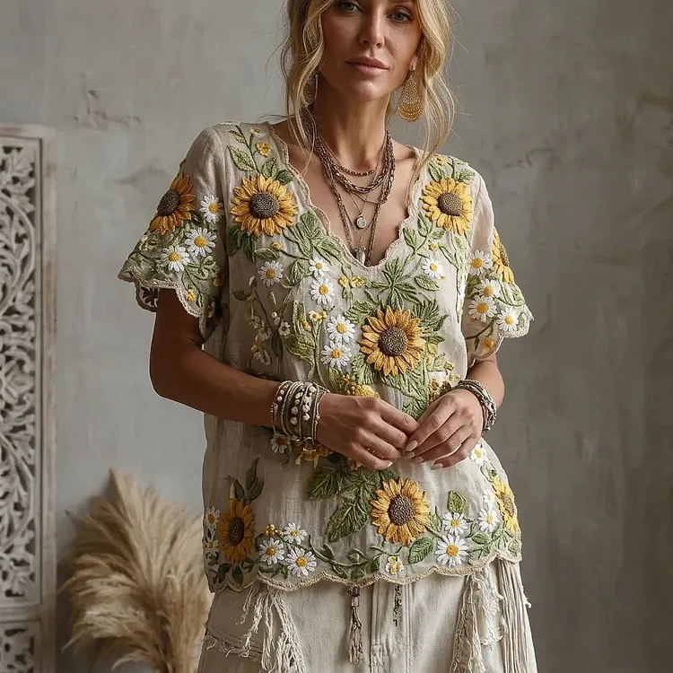 🌻 Women's Sunflower Embroidered Boho Blouse