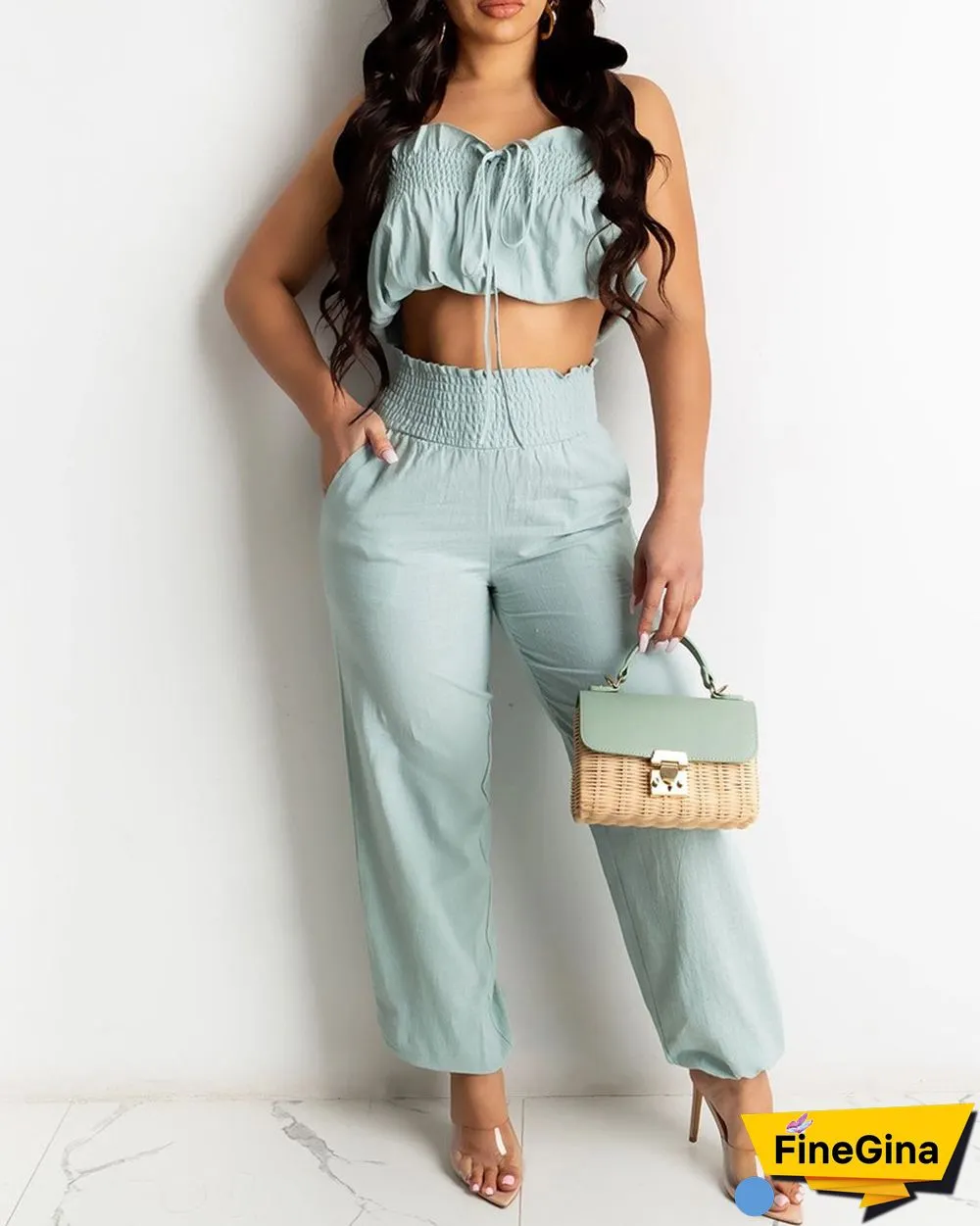 Bandeau Shirring Detail Frill Hem Crop Top & Pants Set
