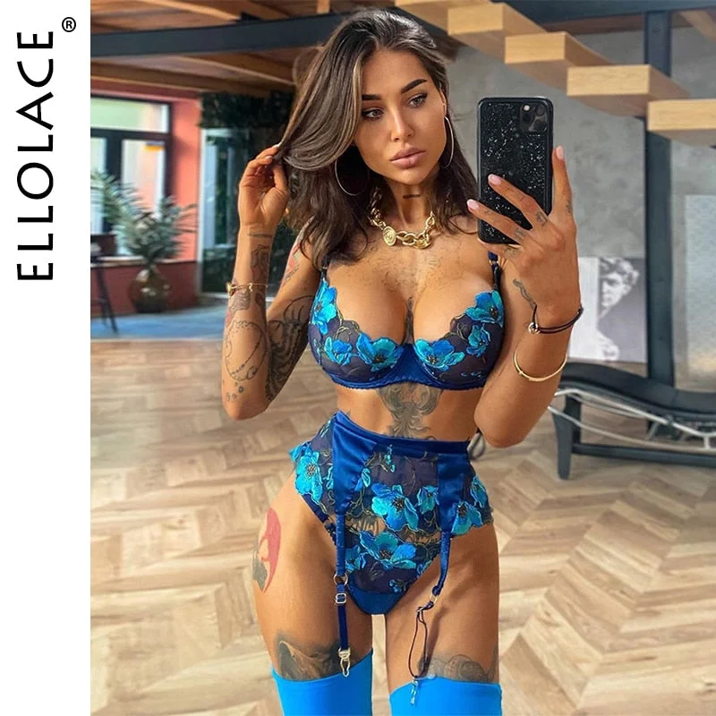 Ellolace Floral Lingerie Women's Underwear Fancy Transparent Bra Brief Set with Garters Embroidery Sexy Lace Erotic Intimate