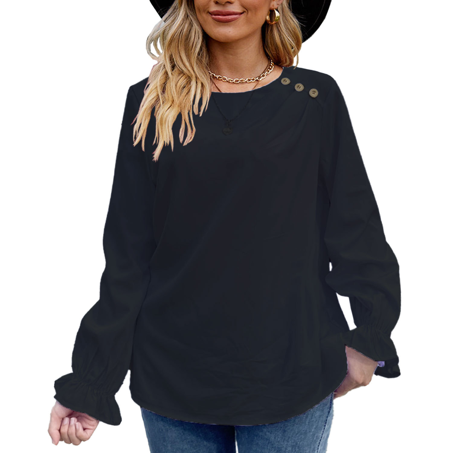 Mature Women Solid Color Buttons Loose Round Neck Long Sleeve Shirt Top