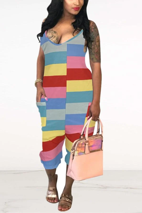 Sexy Color Striped Suspenders Jumpsuit