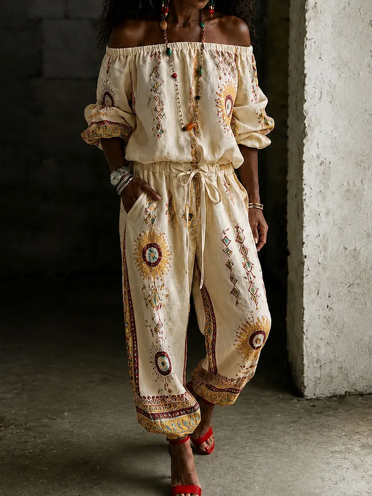 Women&rsquo;s Bohemian Print Off-Shoulder Drawstring Waist Pants Set