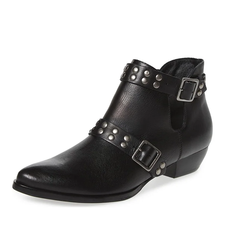 Black Fashion Boots Studded Buckles Motorcycle Boots |FSJ Shoes