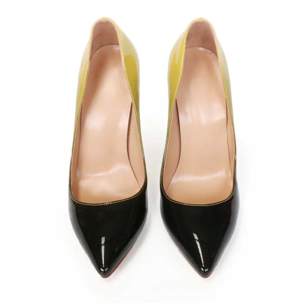 120mm Women's Party Wedding Heels Pumps Yellow Black Gradient Color Patent-vocosishoes