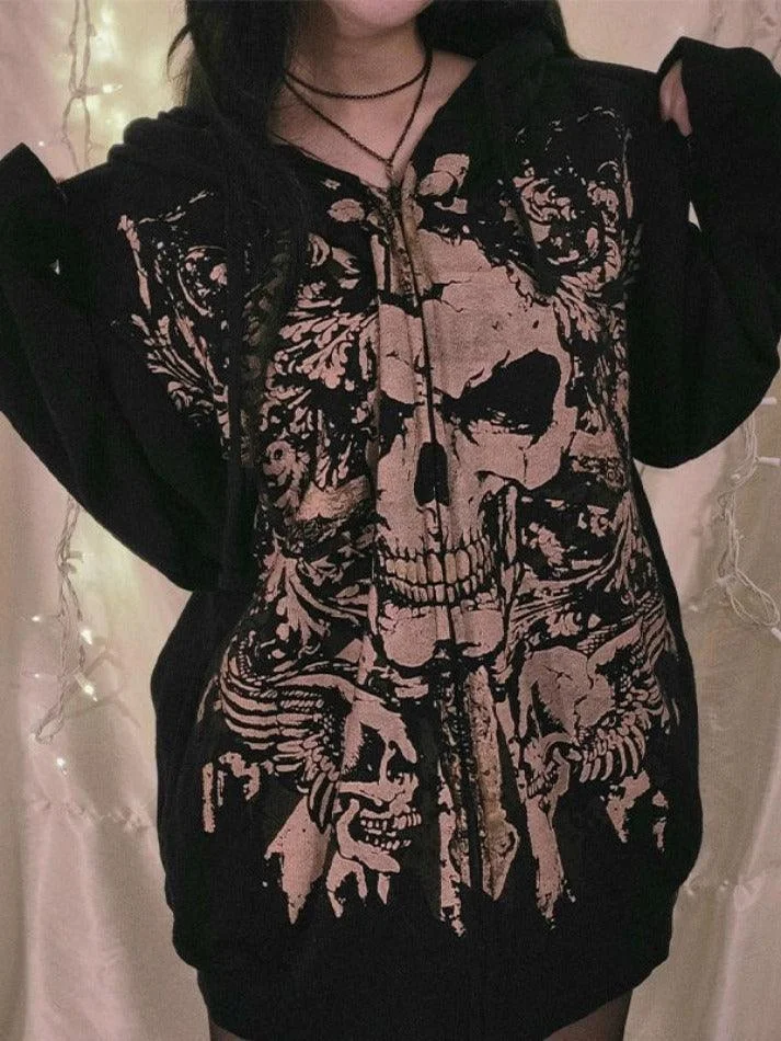 Brownm Skull Print Zip Up Oversized Hoodie