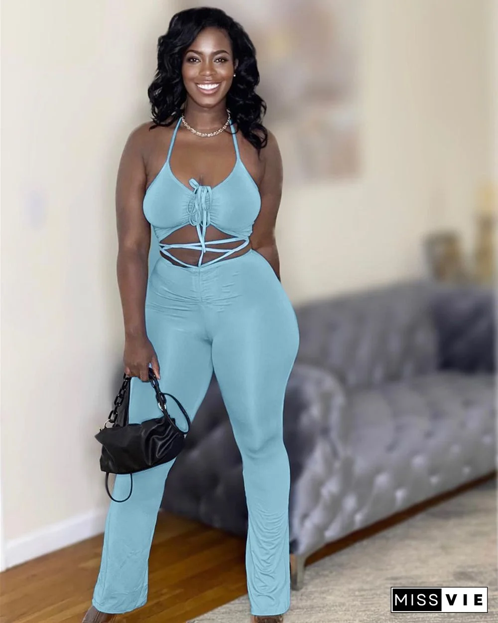 Halter Backless Crop Top and Full Pants Set