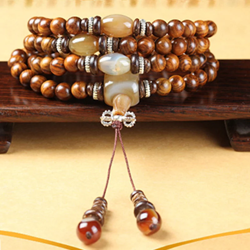 Tibetan 108 Mala Beads Rosewood Sardonyx Red Agate Calm Protection Bracelet
