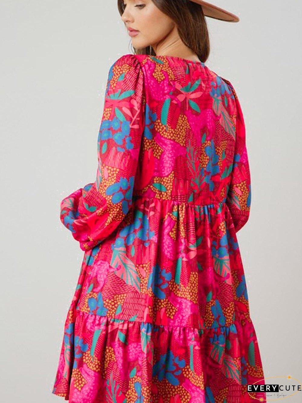Rose Blossom V Neck Bubble Sleeve Ruffle Detail Mini Dress