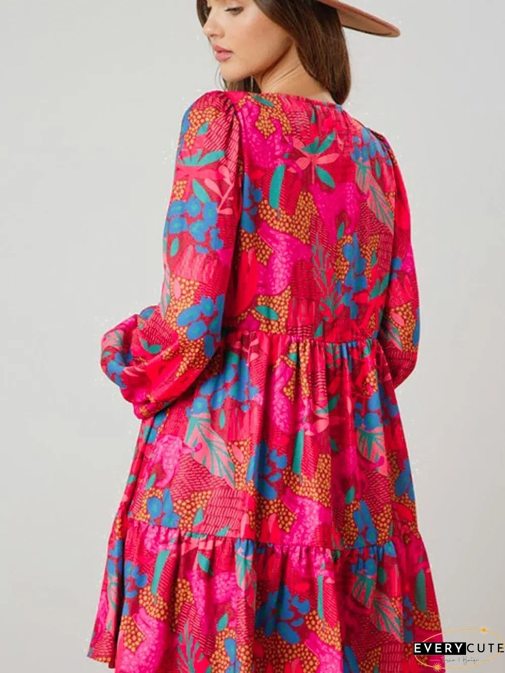 Rose Blossom V Neck Bubble Sleeve Ruffle Detail Mini Dress