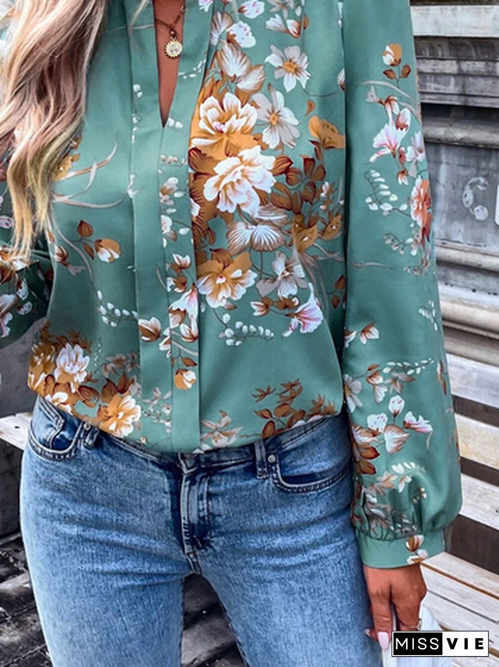 Floral Casual V Neck Tops