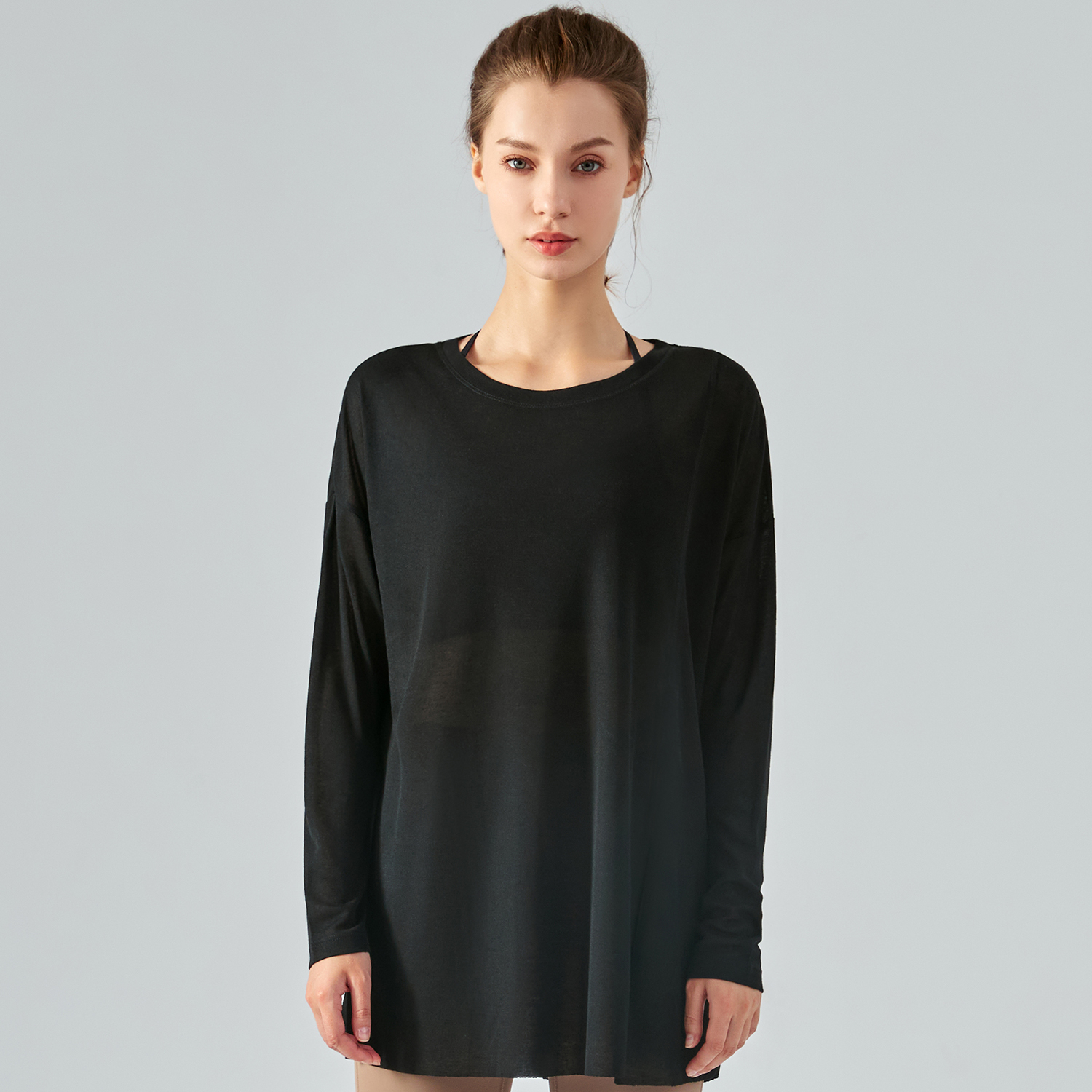 Shop Black long sleeve one side slit lightweight thin running shirt for summer womens online on Hergymclothing