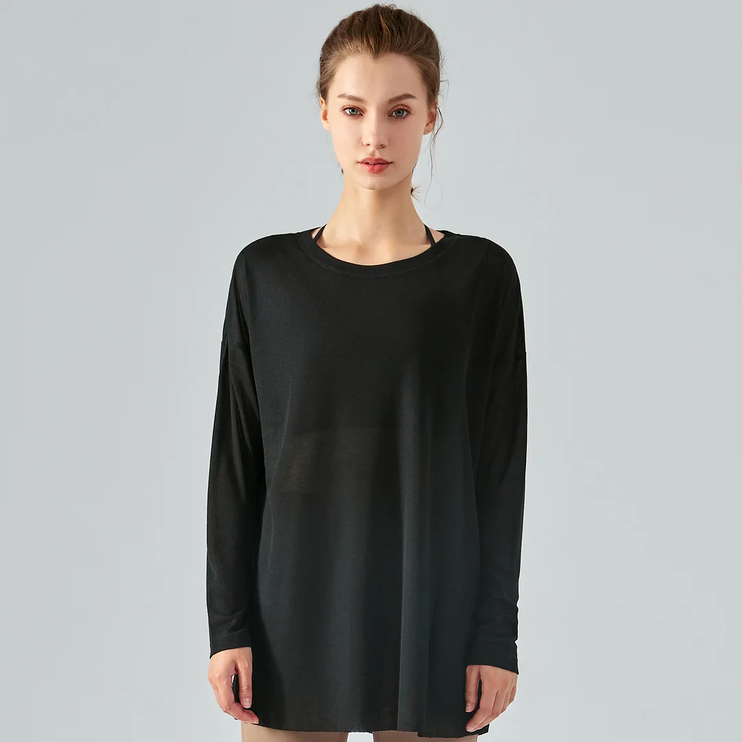 Shop Black long sleeve one side slit lightweight thin running shirt for summer womens online on Hergymclothing