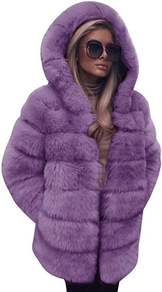 Women Jacket Womens Faux Fur Soft Warm Hooded Coat Outerwear Overcoat Long Jacket