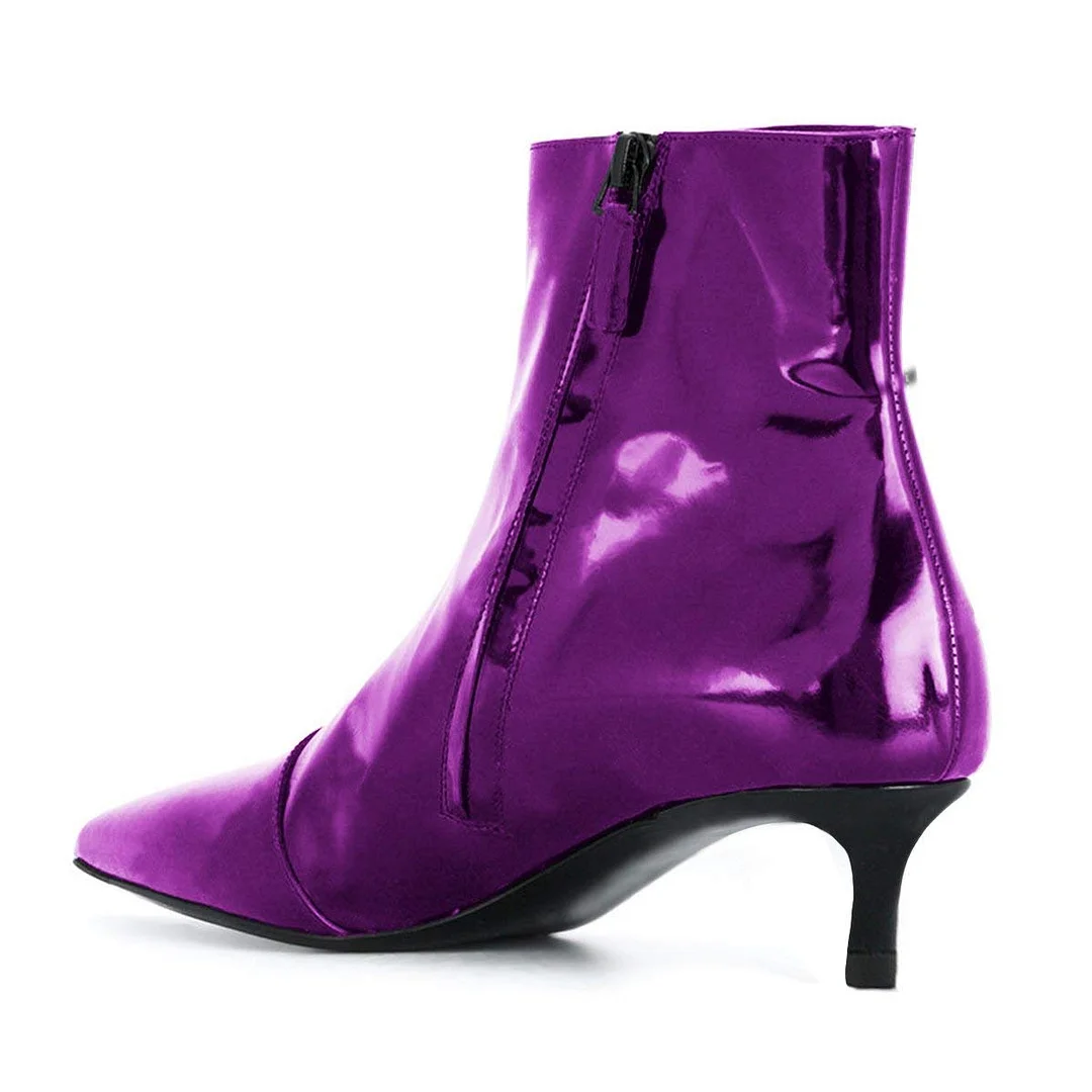 Purple Patent Leather Kitten Heel Fashion Short Boots for Women
