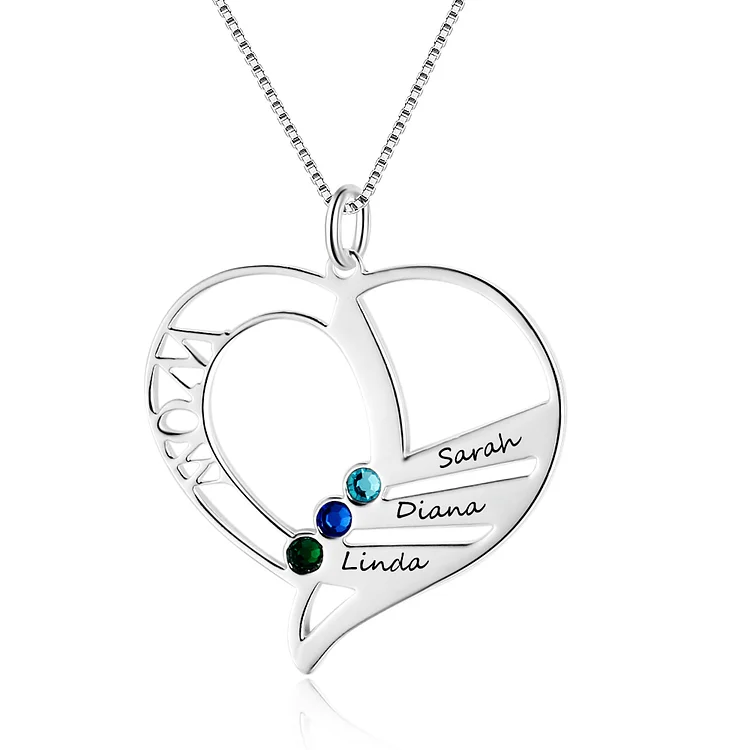 Mom Necklace Personalized with 3 Stones Engraved 3 Names Heart Charm Gifts for Her