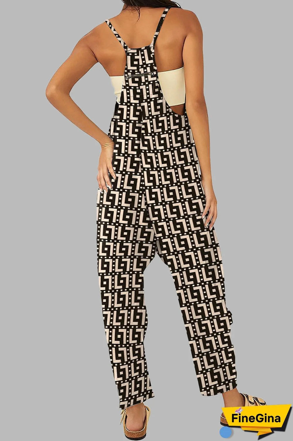Black khaki Casual Gradual Change Print Patchwork Pocket Zipper Spaghetti Strap Loose Jumpsuits