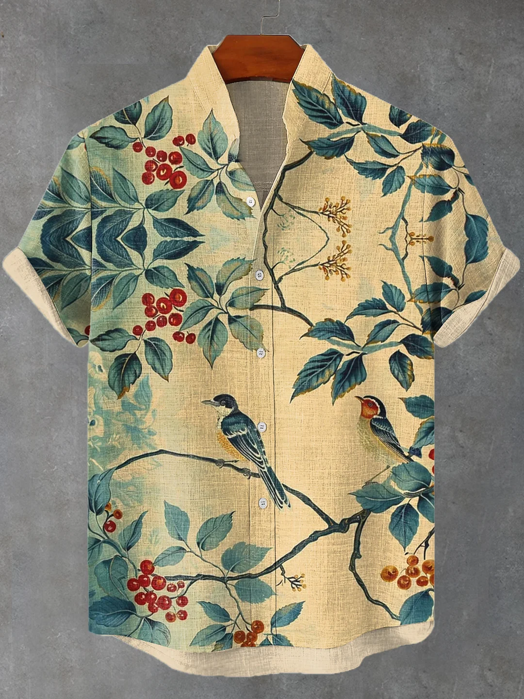 Men's Boho Flower Bird Ink Painting Print Linen Blend Shirt