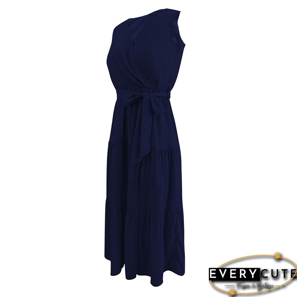 Navy Blue V Neck Sleeveless Tie Waist Midi Dress