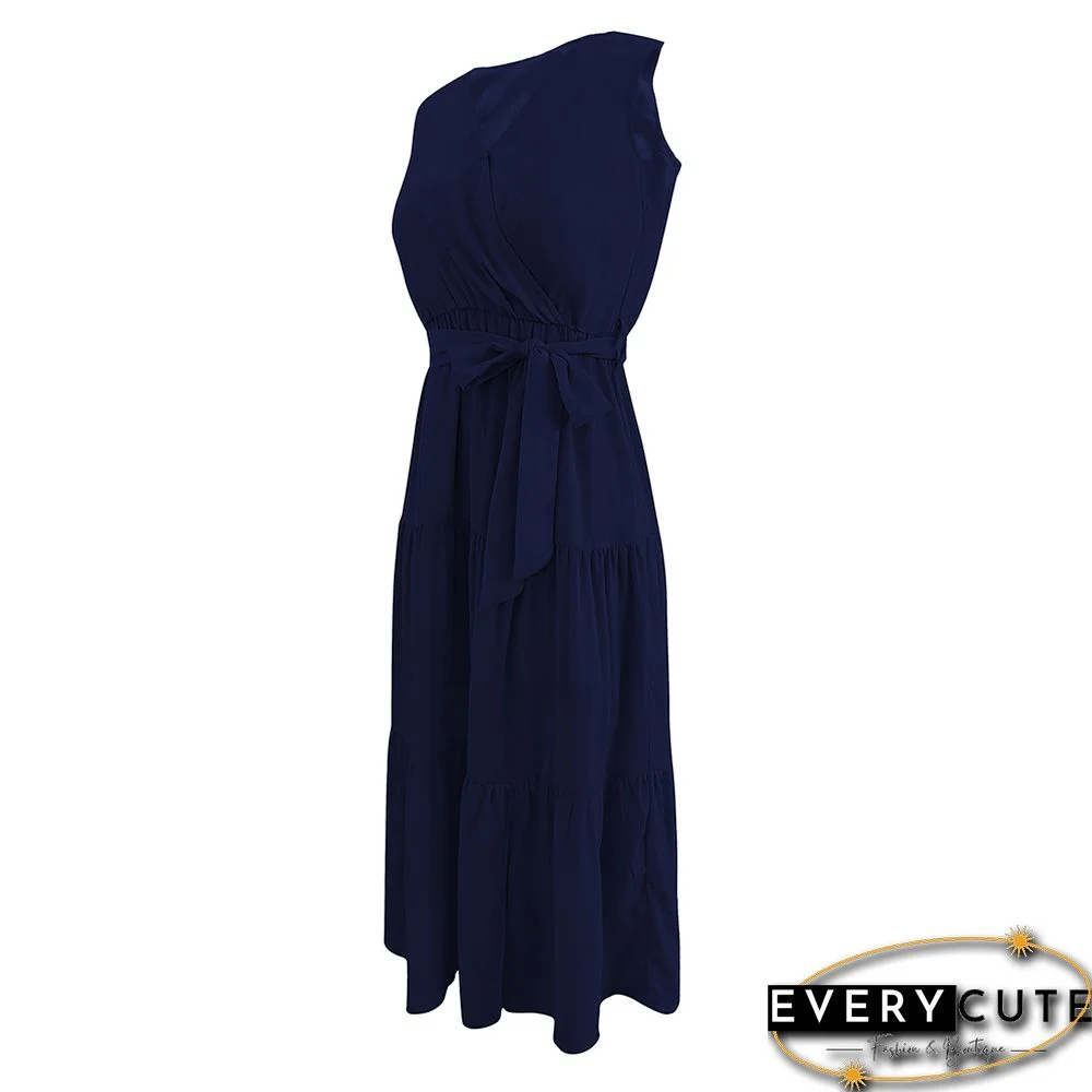 Navy Blue V Neck Sleeveless Tie Waist Midi Dress