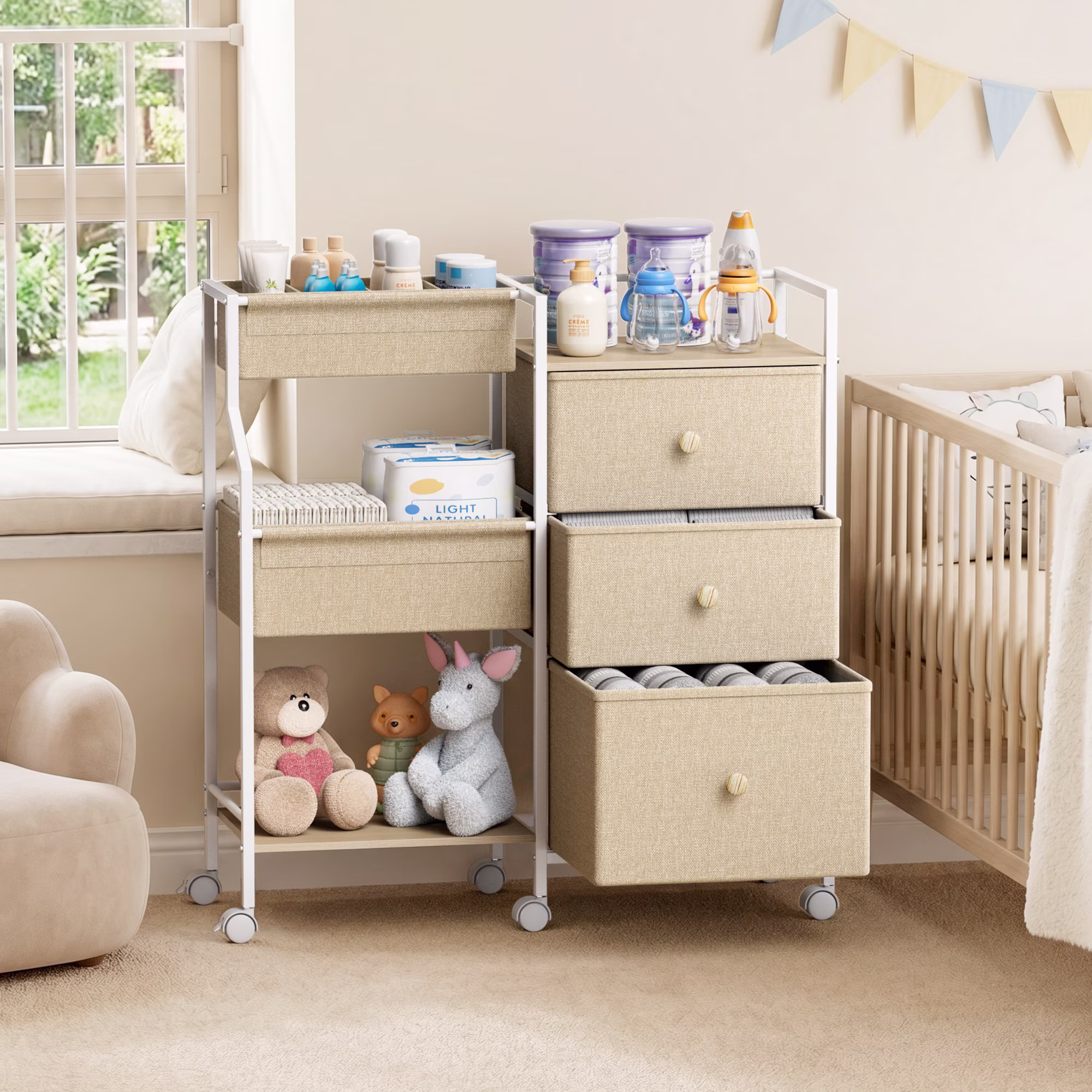 Baby Diaper Organizer and Storage Cart - 3 Tiers with Dividers and Drawers for Nursery, Bedroom, Changing Table and Crib