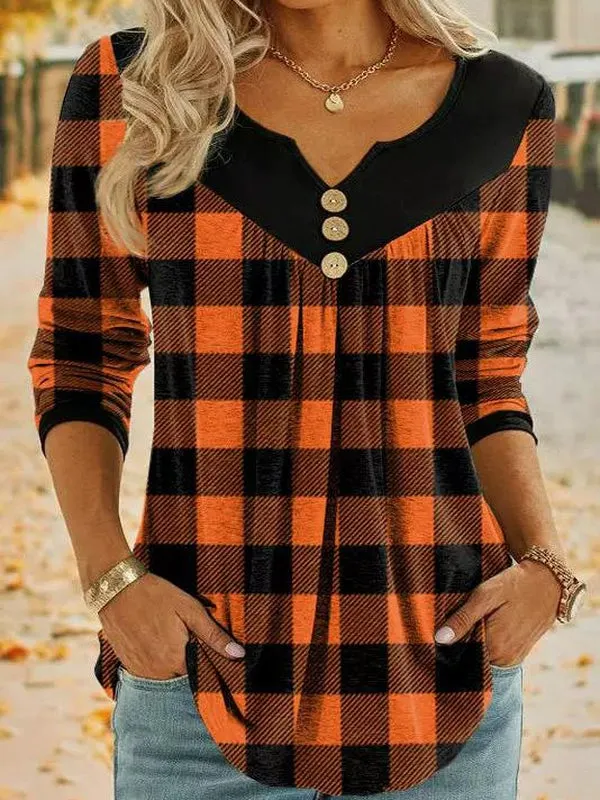 Orange Plaid Long Sleeve Top