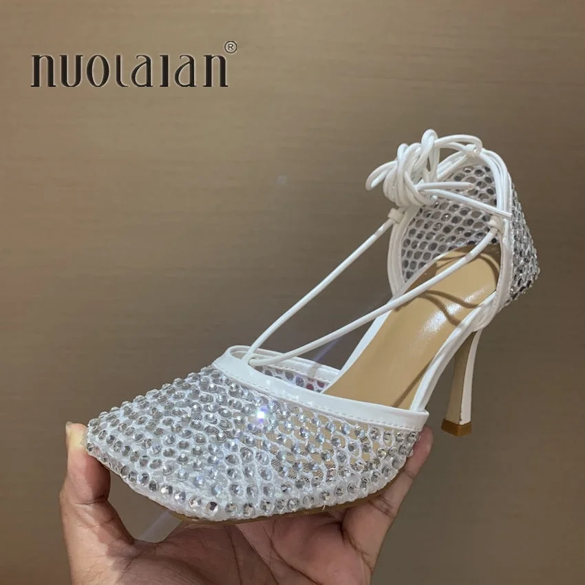 Size 35-42 Crystal Green Women Fishnet Pumps Runway Square Toe Ankle Cross Tied High Heels Rhinestone Sandals Shoes Woman