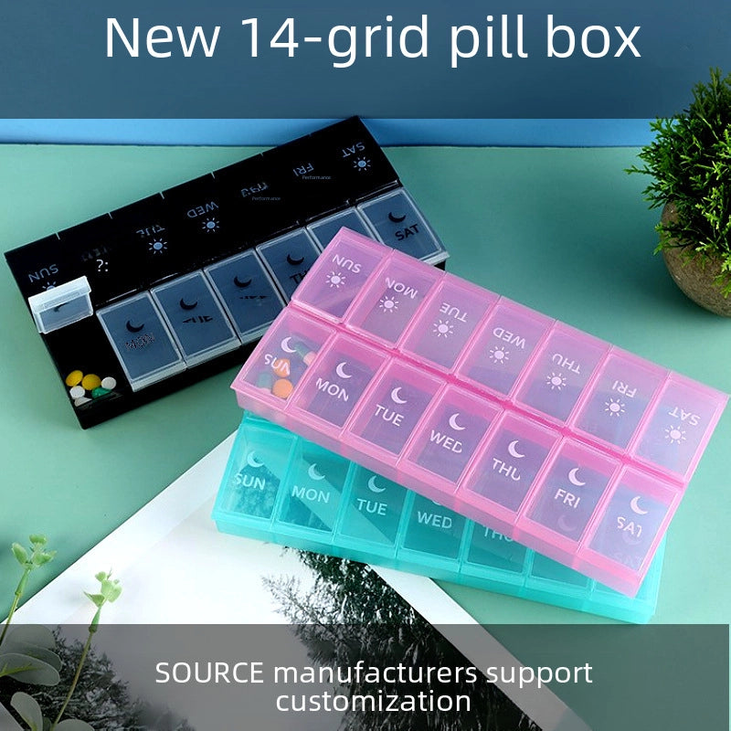 Seven-day 14-grid Double-row Sealed Dustproof Medicine Sorting Storage Box 7-day Travel Portable Sub-packing Medicine Box