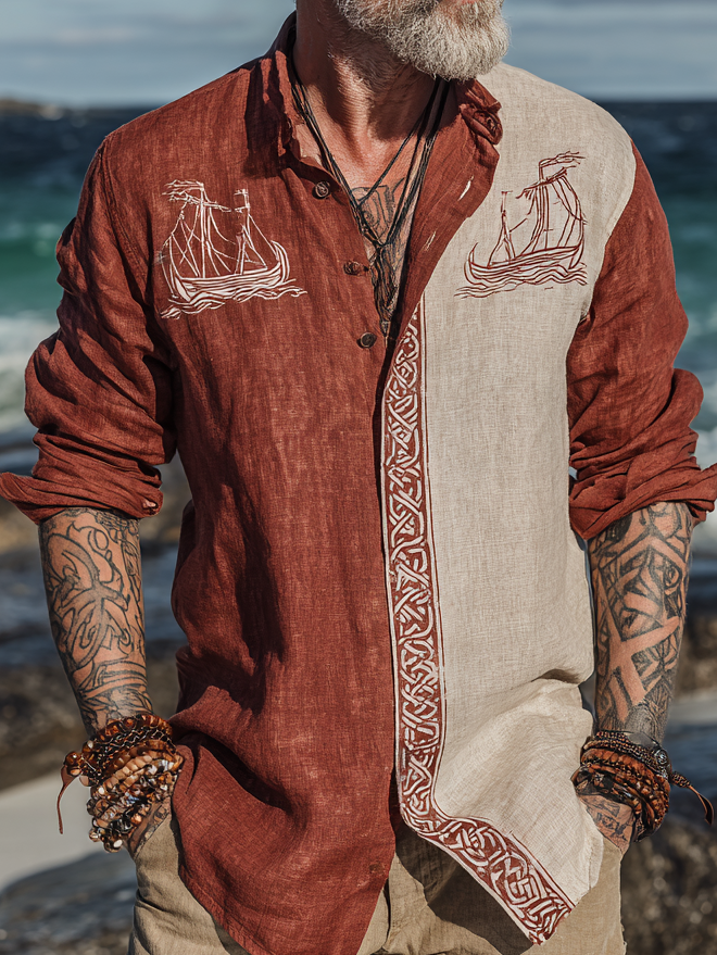 Men's Viking-Inspired Drakkar Two-Tone Long Sleeve Linen Shirt / Rvogue / Rvogue