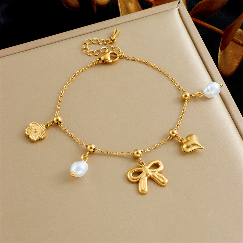 Fashionable And Versatile Bowknot Pearl Love Heart Oil Drop Contrast Color Elephant Accessories Stainless Steel Chain Bracelet