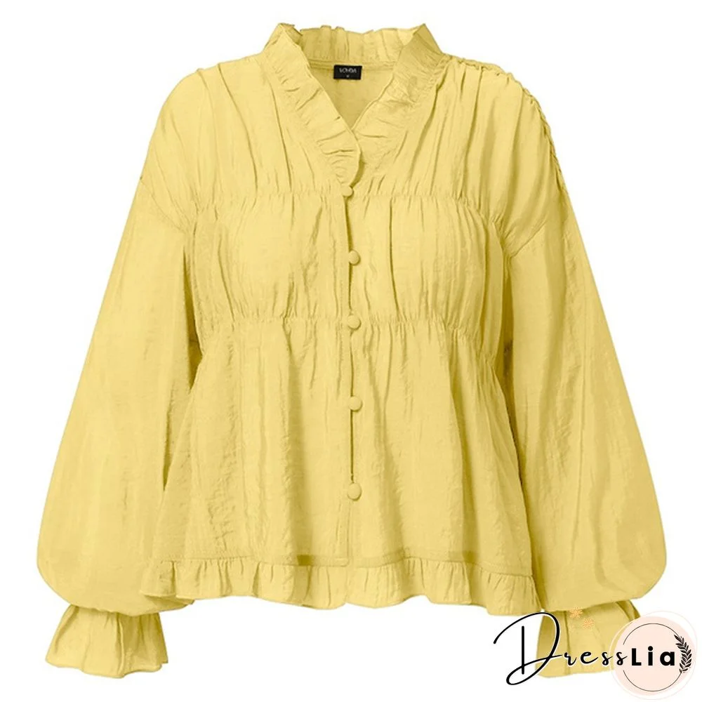 Women Elegant V Neck Flare Sleeve Button Up Shirts Blouse S-5XL Solid Color Pleated Ruffled Hem Lace Tops